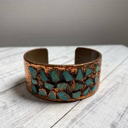 Vntg Solid Copper Turquoise Corinthian Cuff Bracelet Bell Trading, ABQ Estate