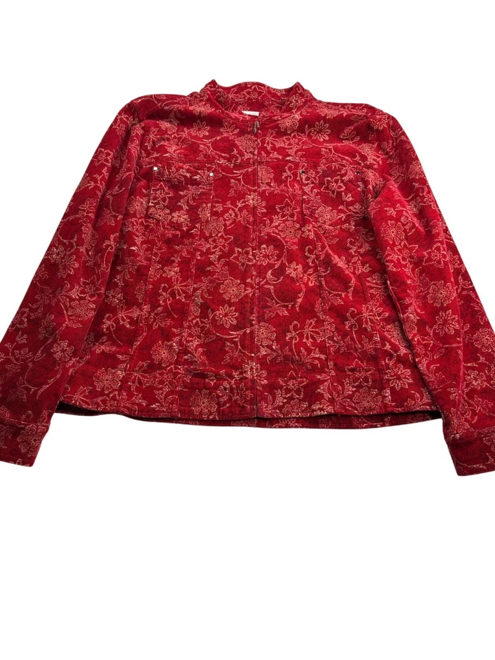 Christopher & Banks Womens Floral Corduroy Jacket XL Vintage Y2K Red Beige Black - Image 3 of 4