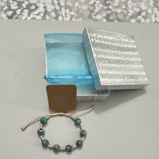 Handmade Beaded Adjustable Bracelet Blue Beige Polymer Clay Bead Charm Bohemian
