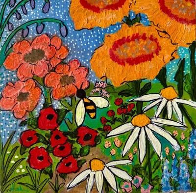 Abstract Flower Acrylic Painting: Colorful Floral Art on Hard Board - Fine Art