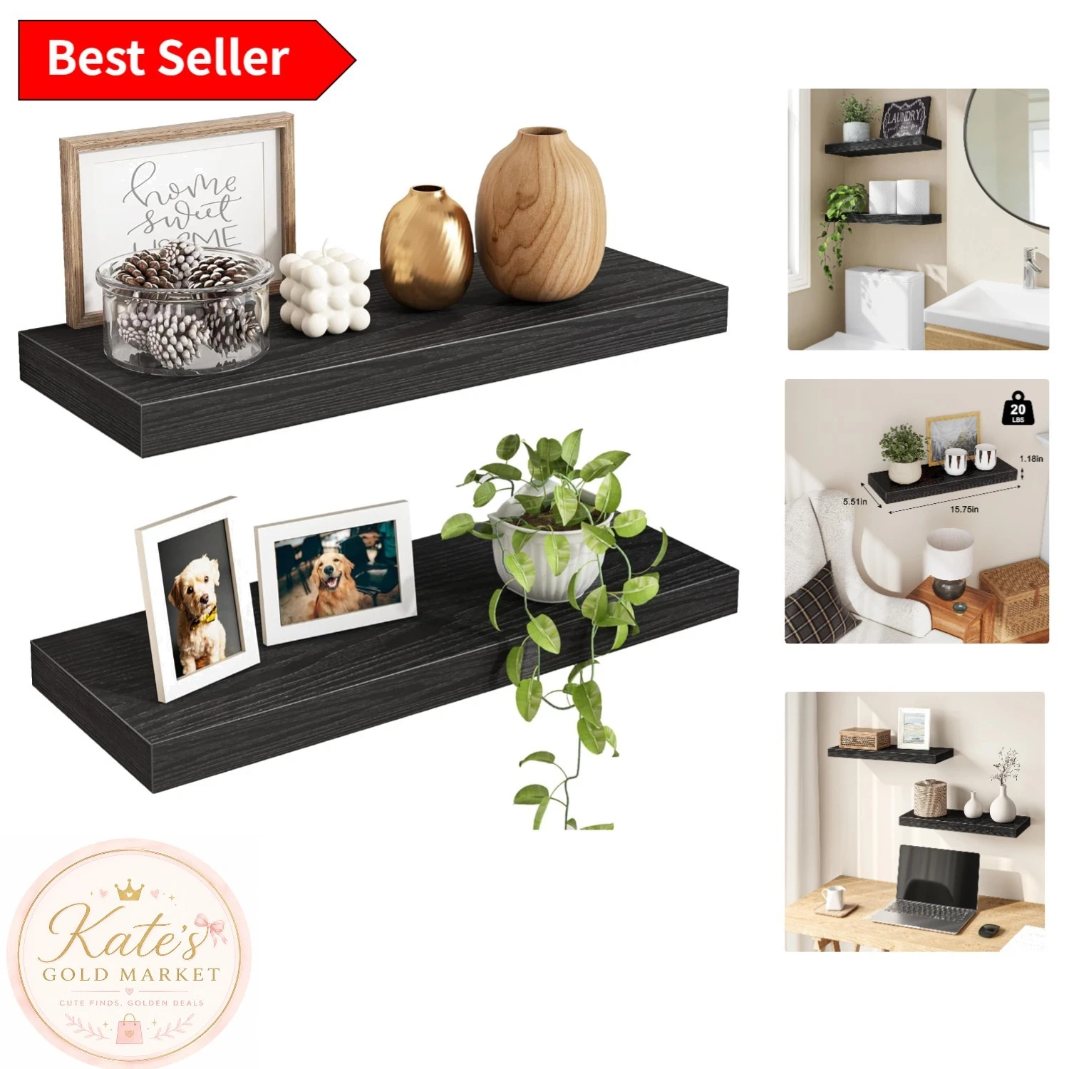 Space-Saving Black Wood Floating Shelves - Easy Install for Living Room & More