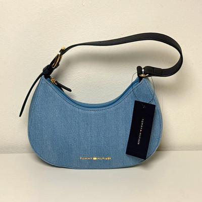 Tommy Hilfiger Small Blue Crescent Shoulder Bag w/ Zip, Pockets, Logo, Gold