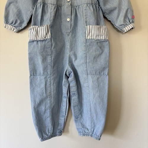 Vintage Oshkosh Denim Bubble Jumpsuit Romper 4T Peterpan Collar Pockets USA 90s - Picture 4 of 24