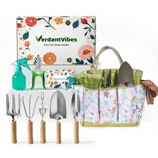 Gardening Tools Set 9-Piece Heavy-Duty Gardening Hand Tools with Floral Tote ...