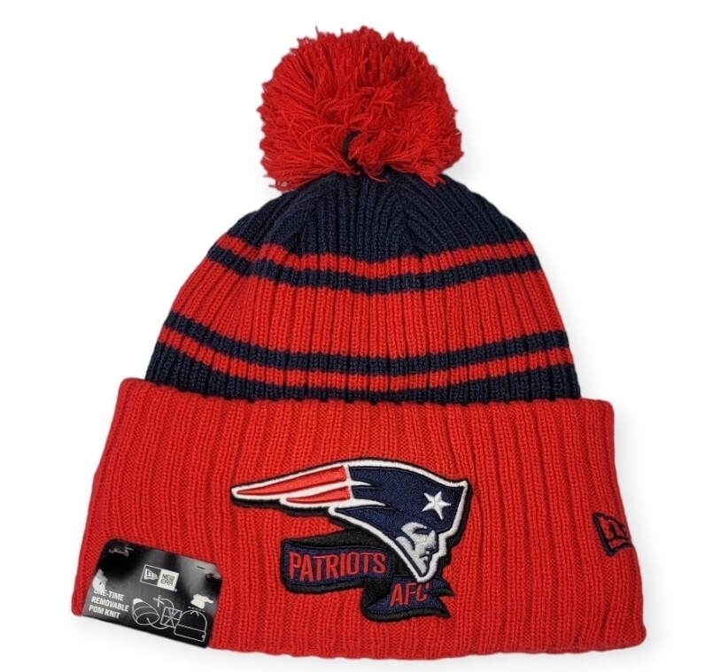 New England Patriots Beanie Mens New Era Sideline Pom Top Red Striped Hat