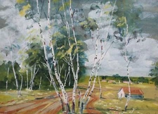 Antique impressionist gouache painting country road landscape