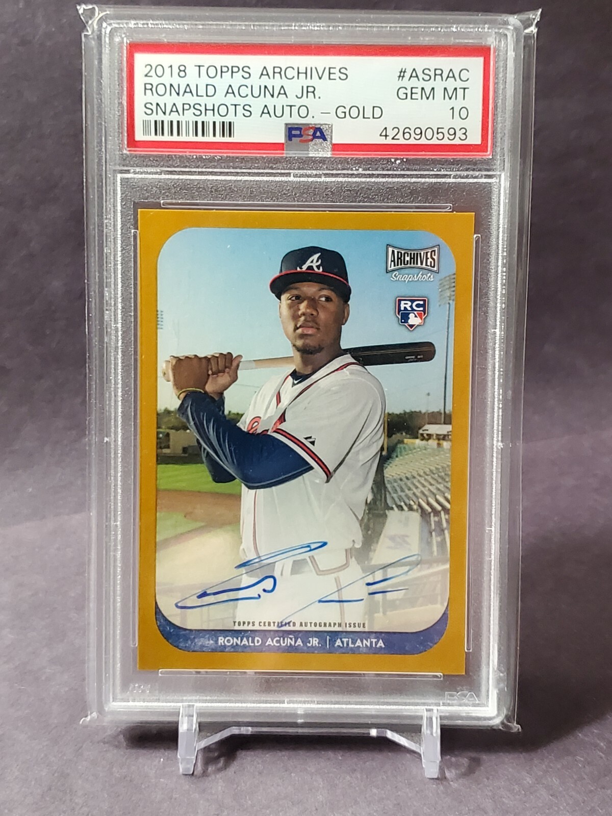 2018 Topps Archives Snapshots Gold Ronald Acuna Jr. ROOKIE AUTO /10 RC PSA 10