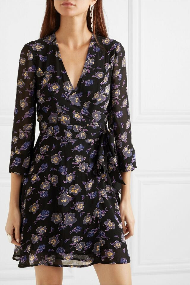 GANNI dress, short, flirty, wrap, dark floral, breathable fabric AU10/36, immac