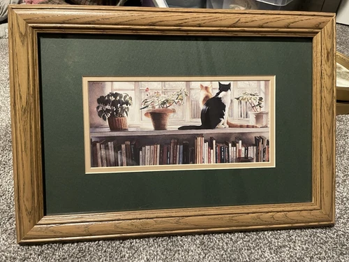 Steve Hanks Watercolor Print "Bookends" Cats & Books 11x16” Framed Oak Wood