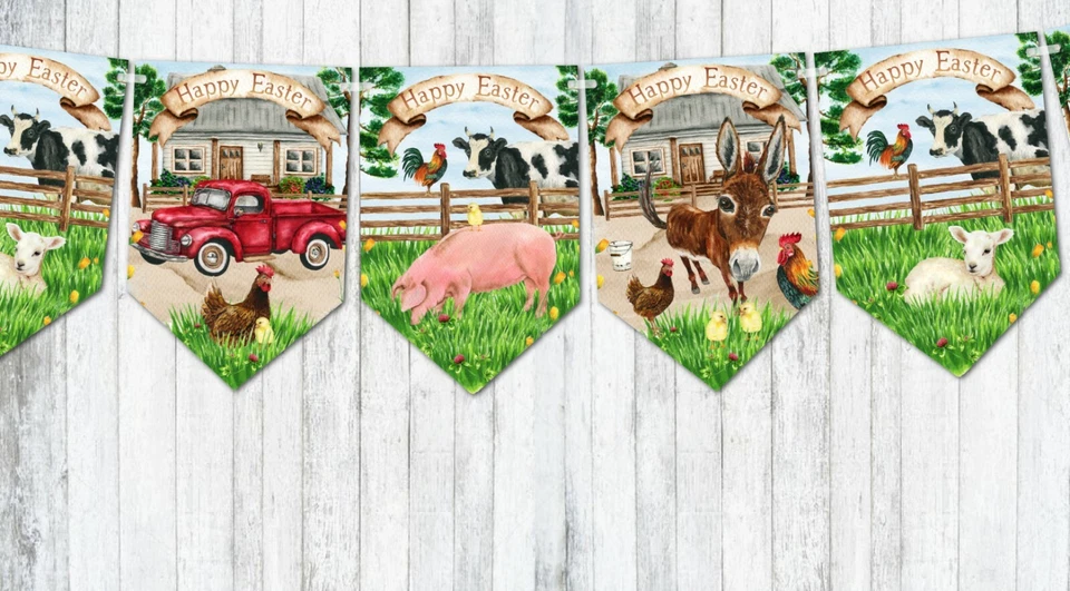 Счастливой пасхи домашней птицей и животными, флаги и ленты украшения - Изображение 2 из 4