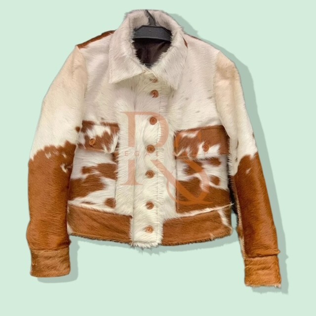 Chaqueta de cuero de vaca para hombre Western Hair-On marrón y blanco tricolor abrigo de piel real