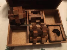 Box of 3D Brain Teaser Games - Handmade in a Wooden Box - Mind Puzzles READ Desc