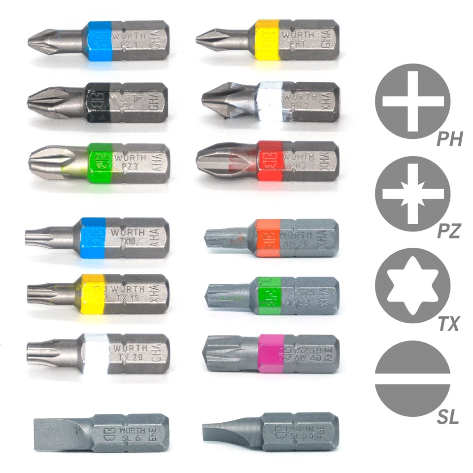 Würth Bit PZ1 PZ2 PZ3 PH1 PH2 PH3 T8 T10 T15 T20 T25 T27 T40 TX20 TX25 TX10 TX15