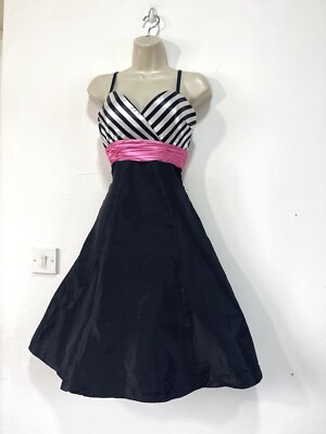 Black white stripe dress sash sleeveless satin 60s style size 8