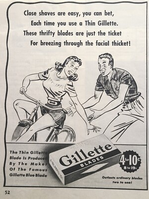 Thin Gillette Razor Blades Couple Bicycle Close Shave Poem Vintage Print Ad 1940