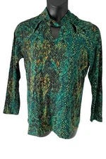 Susan Graver Printed Knit Mock Neck Top Keyhole and Cutouts Jade/Gold