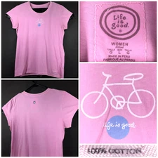 Life is Good Womens Large (36 in Bust) Pink Bicycle Peace Sign Cotton Crew Tee