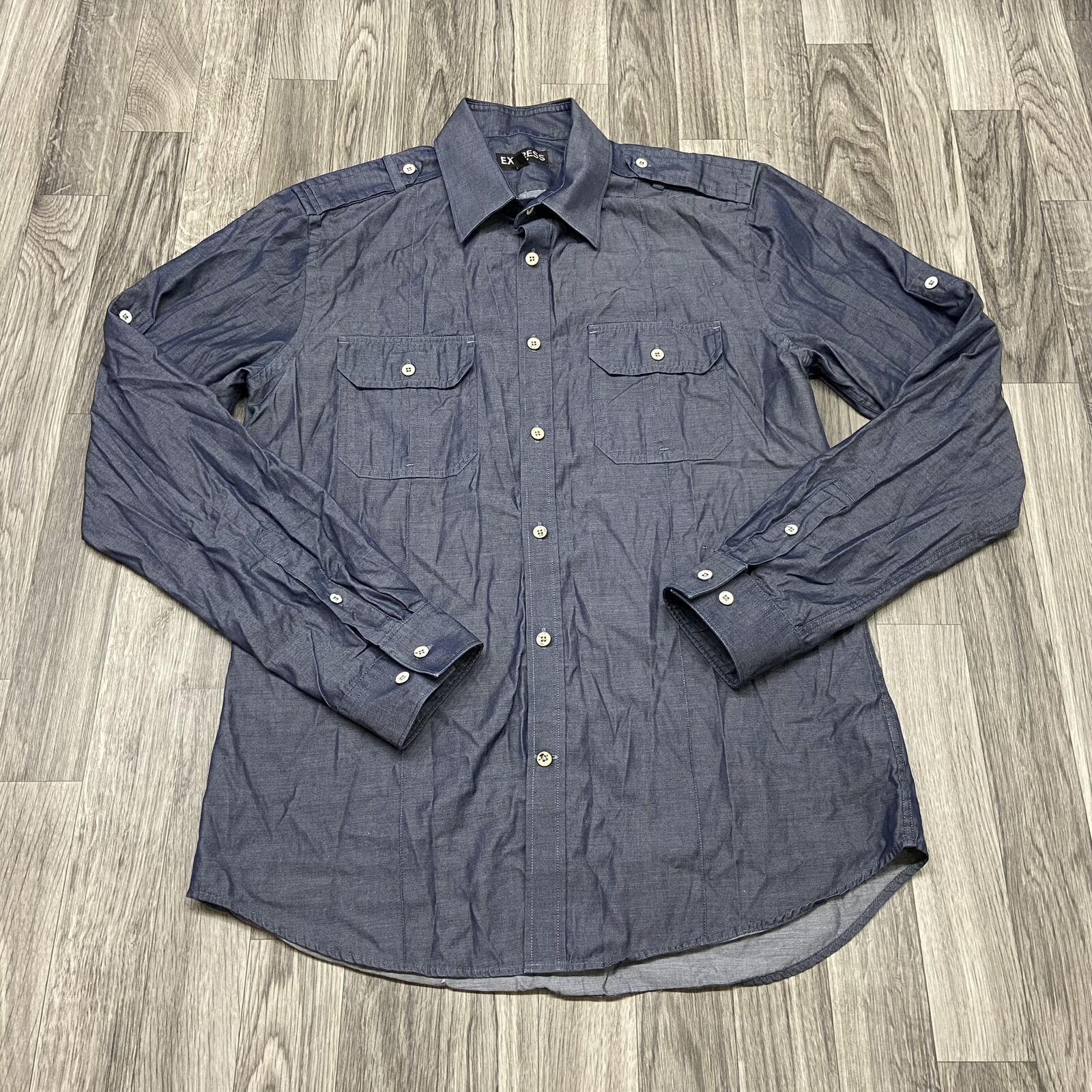 EXPRESS Button Down Pockets Blue Casual Shirt Men… - image 2