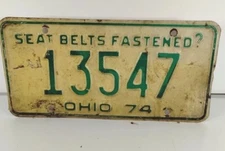 Vintage Ohio OH License Plate 1974 SEAT BELTS FASTENED? No. 13547 Green Yellow 