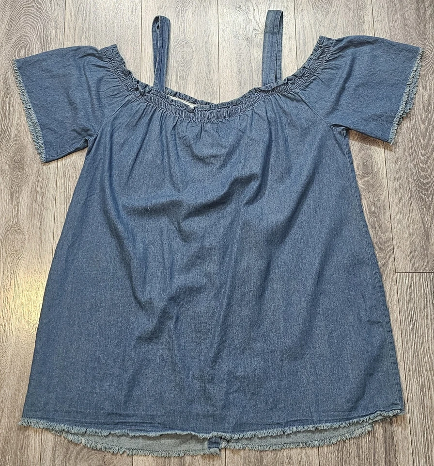 Blusa Top New Look Hombro Frío Abotonada Azul Algodón Cambray Para Mujer Talla 2X Foto 2 de 4