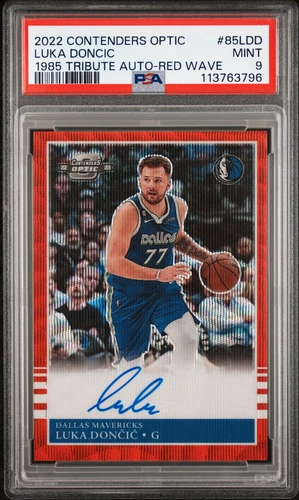 2022-23 Contenders Optic Luka Doncic #85-LDD 1985 Tribute Red Wave Auto PSA 9