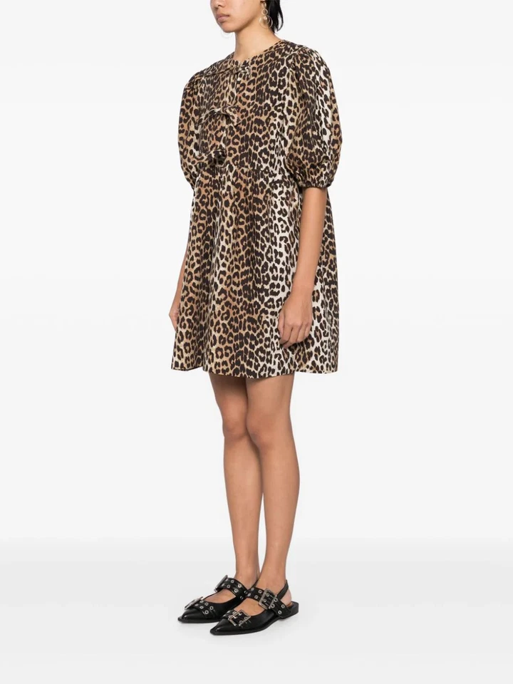 GANNI Brown Organic Cotton Mini Dress with Leopard Print and Puff Sleeves - Image 3 of 4