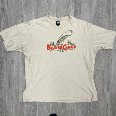 Roots embroidered beaver canoe cream cotton t-shirt Size XL