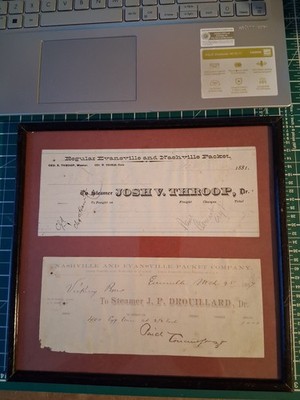 Ein gerahmtes & glasiertes Paar Nashville & Evansville Schiff Lieferscheine 1881 &1887
