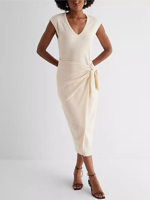 EXPRESS MIDI SWEATER DRESS WOMENS SIZE MEDIUM VNECK CAP SLEEVE TIE WAIST TAN NEW