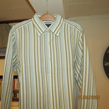 DKNY Men  s Striped Button Up Long Sleeve Dress Shirt L Brown Stripes with Blue