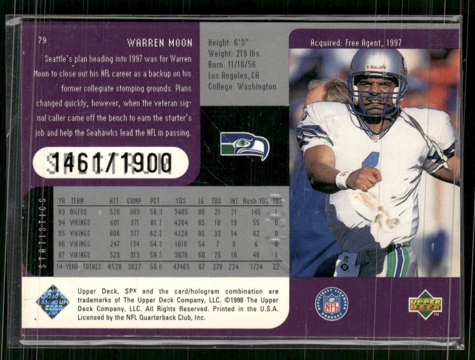 1998 SPx Finite #79 Warren Moon Spectrum #/1900 - Image 2 of 2