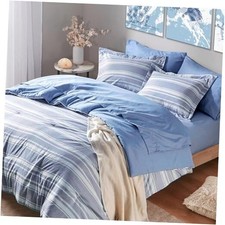 Size Comforter Sets with Sheets, Modern and White Striped Bed in a Queen Blue