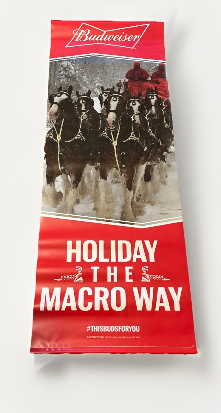 Vintage 5’x22” Vinyl Budweiser Banner Featuring A Horse Drawn Carriage
