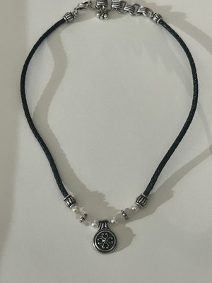 Brighton Hudson Necklace Faux Pearls & Faceted Rose Quartz On Black Leather  16