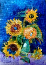ACEO ORIGINAL oil painting - Six Sunflowers - after Van Gogh 2.5x3.5 in MK