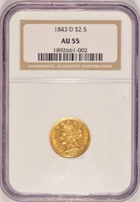 1843-D $2.50 Liberty Gold Quarter-Eagle Coin NGC AU55 Dahlonega Mint