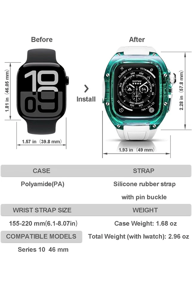 豪华半透明保护壳 带表带 适合 Apple Watch Series 10 45 毫米 坚固 绿色  — 第 3/4 张图片