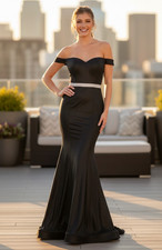 Long Black Stretch Glitter Jersey Off Shoulder Prom Dress Size 4 Formal Gown