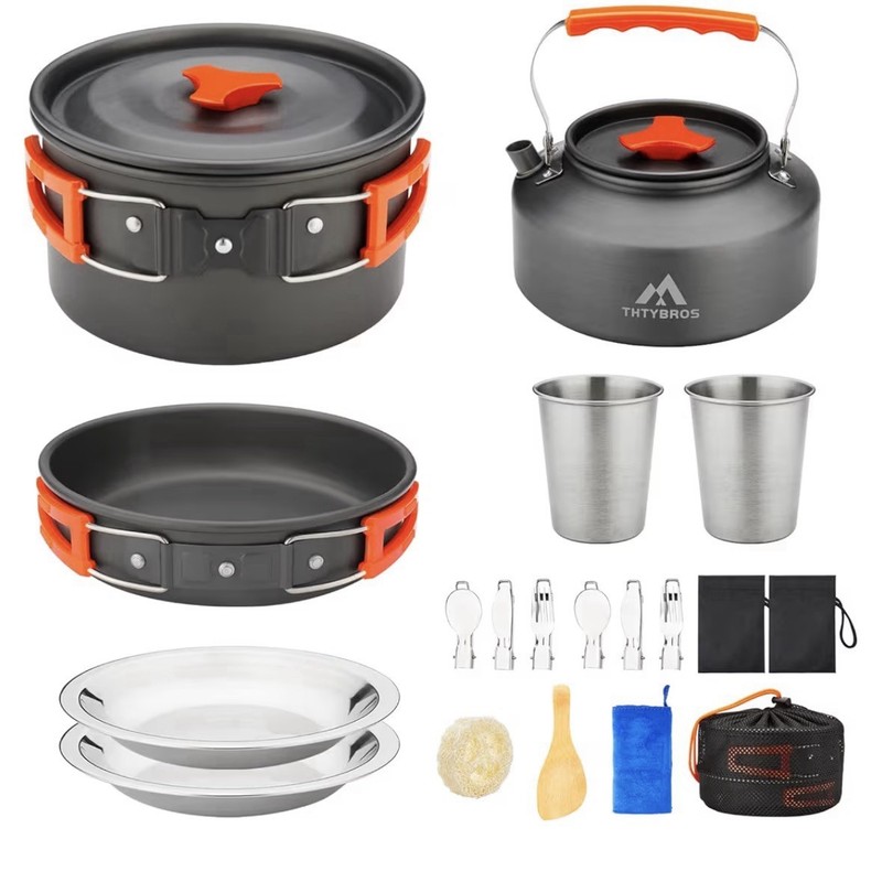 17pcs Camping Cookware Kit, 0.45Gal Pot, 7inches Pan,0.30Gal Kettle Set with 2