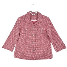Chicos Red White Gingham Crinkle 3/4 Sleeve Button Up Shirt Size 2 Large