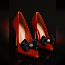 VINTAGE BLACK SATIN BOW CLIPS WITH RHINESTONE CLUSTER   SHOE OR ACCESSORY CLIP