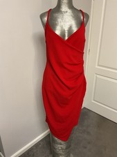 PLT Pretty Little Thing Bodycon Dress Size 16 Red  Strappy Ruched BNWT