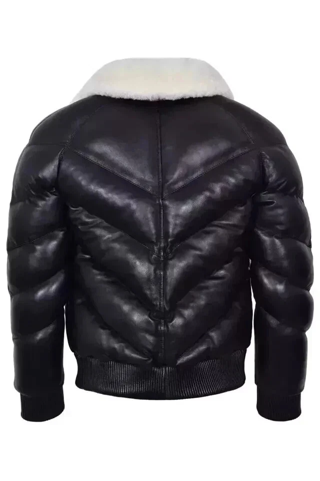 Chaqueta de cuero negra acolchada de invierno con cuello de piel de cordero real Puffer Bomber Foto 4 de 4