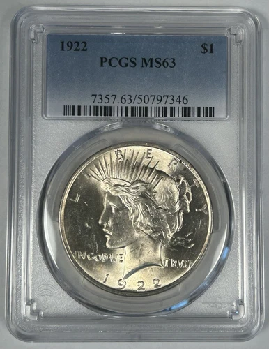 1922 Peace Silver $1 Dollar Coin PCGS MS 63