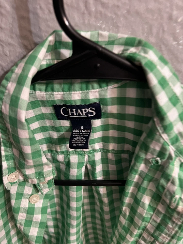 Chaps Plaid Shirt Boys Size 5 Long Sleeve Button Front Green White Plaid - Image 3 of 4