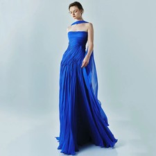 Royal Blue Evening Dress Elegant A Line Prom Dress Flowing Silk Prom Party Dress