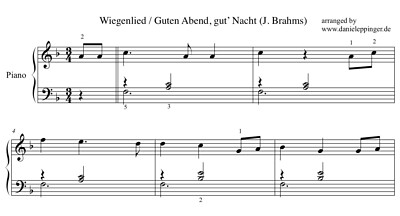 Wiegenlied Brahms, Guten Abend, Gute Nacht, Klavier Noten PDF, lullaby piano