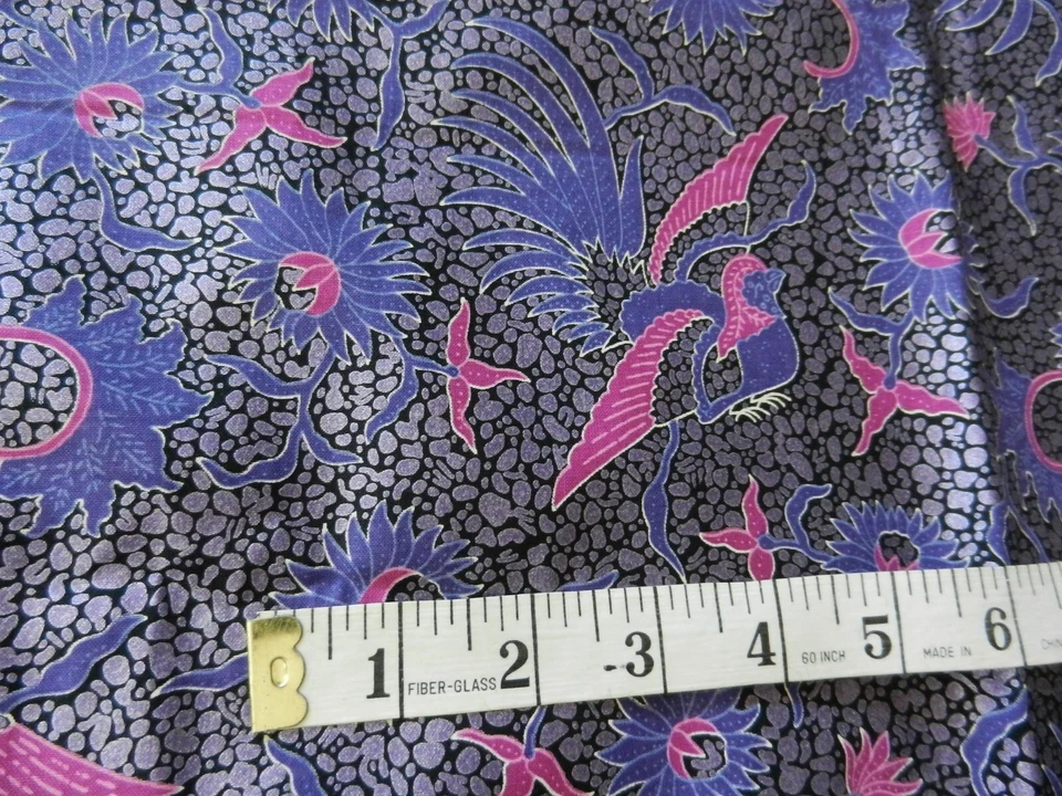 Dutch VLISCO 4410R shiny silver purple birds and flowers fabric 46”w x 1yd 16” - Image 2 of 4
