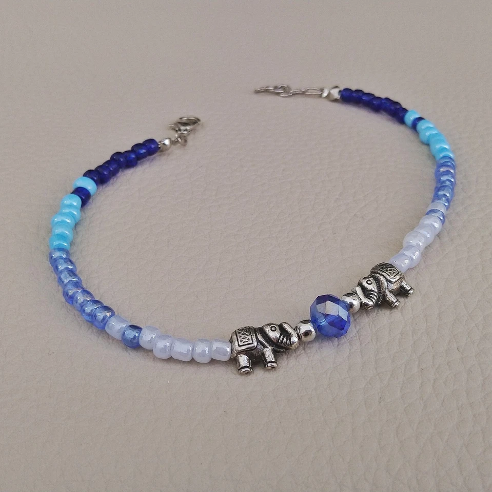 Pulseira feminina Lucky Elephant contas de semente de vidro azul tornozeleira frisada tornozelo 9,5" - Imagem 4 de 4