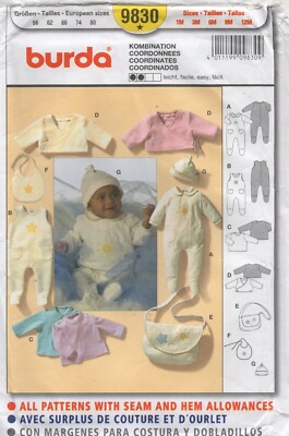 Burda Schnittmuster 9830 Baby Lagenlook Anzug Mütze Lätzchen Tasche Tops Größe 1 bis 12 Monate
